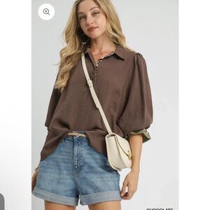 Umgee Half Button Leopard Green Trim Top Large Brown